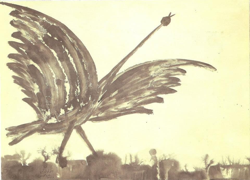 با یک قلب
و دو پلکِ دور پرواز
کنار سایهات
مینشینی و
اندوه
تکهتکهات میکند.
هوشنگ آزادیور
از مجموعه پنج آواز برای ذوالجناح
*نقاشی از بهمن محصص؛ که آن را سال ۱۳۳۸ برای شعر «قوقولی قو، خروس میخواند» نیما کشیده است.