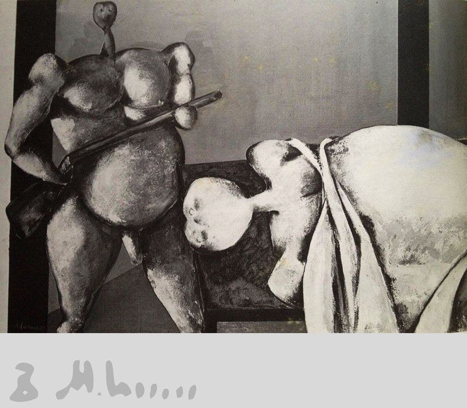 عکس عباس عطار از جسد بیجانِ هویدا در سردخانه پس از اعدام انقلابی او؛ بالایِ سر جسد هویدا، جوانهایی تفنگ بهدست، کوچکاندام با پوزخند ایستادهاند و پیروزی خود را زوزه میکشند، همان پیروزی که به قولِ محصص حماقت دوران است. تصویر دوم نقاشی محصص از عکس عطار از جسد هویداست. در نقاشی او، صورت «انسان» انقلابی بیشکل/بینشان است و سر یا جمجمه آن کوچک؛ که احتمالاً نمادی از بیخردیست که معلولِ یک شور سرمستانه بهظاهر پیروزمابانه است. اینجا محصص برایِ نشاندادنِ این بیخردی و باختن عقل/شعور به شور کاذب، عضو تناسلی انسانِ جانورنمایِ پیروز را از سر/کله او بزرگتر کشیده تا نشان دهد این پیروزی تنها نتیجه مرگ خرد است (در حالی که سر/کله هویدا که بیجان بر رویِ تخت افتاده همچنان بزرگ تصویر شده؛ شکست-پایانِ عقلانی هویدا بر پیروزی شور کاذب میچربد). هویدا دست به تخریب خود زد (جانِ خود را از دست داد)، اما به فاجعه پشت نکرد؛ و این همان سرآغاز نجات انسان است که در باور محصص بود.